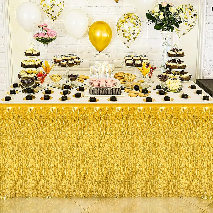 Table Skirt, 2 Pack Gold Foil Grass Table Skirt, New Years Metallic Wavy Tinsel Foil Fringe Table Skirts, Table Skirts for Irish Holiday Mardi Gras Graduations New Years Birthday Party Decor