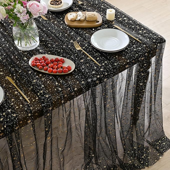 Horaldaily Black Gold Sparkling Star Gauze Tablecloth 60x84 Inch Rectangular, Golden Star Sequin Glitter Metallic Foil, Sheer Tulle Cheesecloth for Wedding Baby Shower Party