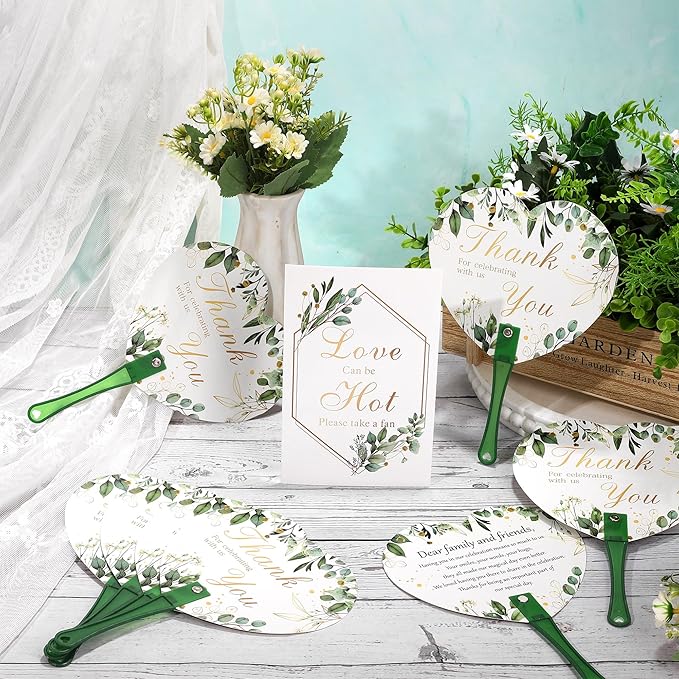 Aneco 120 Pieces Wedding Hand Plastic Fans with Wedding Table Sign Handheld Plastic Fan with Handle for Guests Bulk Wedding Hand Fans for Wedding Ceremony Bridal Shower, Green Leaves