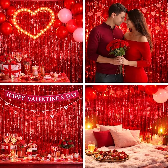 Red Foil Fringe Curtains 3 Pack 3.2 x 8.2 ft Shiny Tinsel Backdrop for Birthday Party Decorations, Photo Booth Background, Red Streamers Decor, Valentines Day