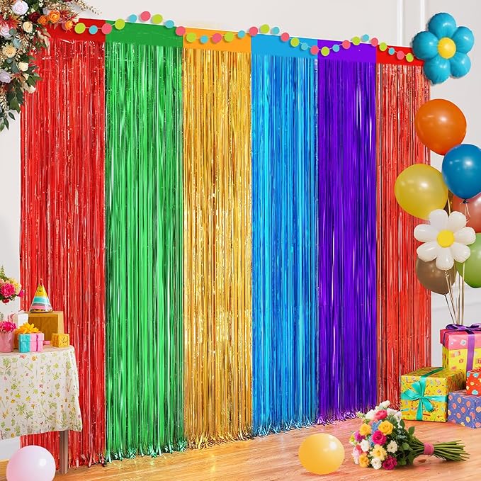 4 Pack Rainbow Foil Fringe Curtains, 3.3ft x 6.6ft Mexican Style Rainbow Streamer Curtain, Photo Booth Props Backdrop for Birthday Party, Christmas Decor, Mexican Cinco De Mayo Decorations