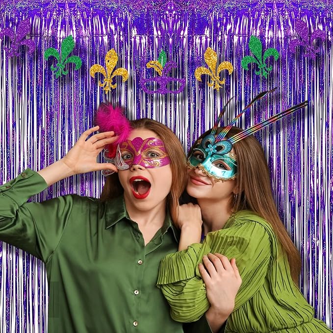 BRAVESHINE Purple Tinsel Foil Fringe Curtains - 2Pcs 3.2x8.2ft Party Streamers Backdrop for Valentines/Hunters/Girl/Women/Birthday/Mermaid/Bridal Shower/Bachelorette/Anniversary/Engagement Decorations