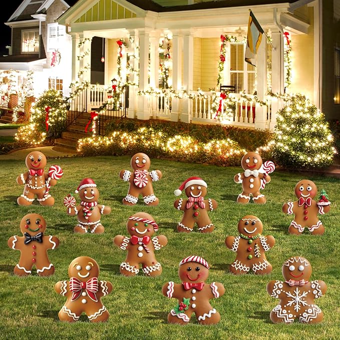 12 Pcs Christmas Gingerbread Man Yard Signs with Stakes - Xmas Gingerbread Yard Stakes Lawn Signs for Christmas Holiday Pathway Garden Patio Party Favors