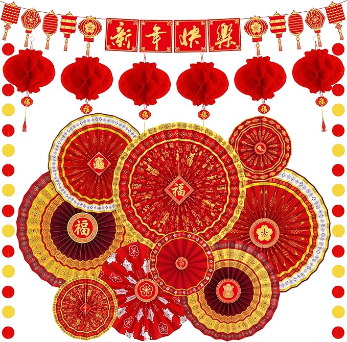 26 PCS Lunar New Year Decorations, Chinese New Year Paper Fans Set, Red and Gold Party Decorations with Paper Fans, Red Lanterns, Banner and Garland, Lunar New Year Decor for Home Office Yard