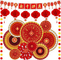 26 PCS Lunar New Year Decorations, Chinese New Year Paper Fans Set, Red and Gold Party Decorations with Paper Fans, Red Lanterns, Banner and Garland, Lunar New Year Decor for Home Office Yard