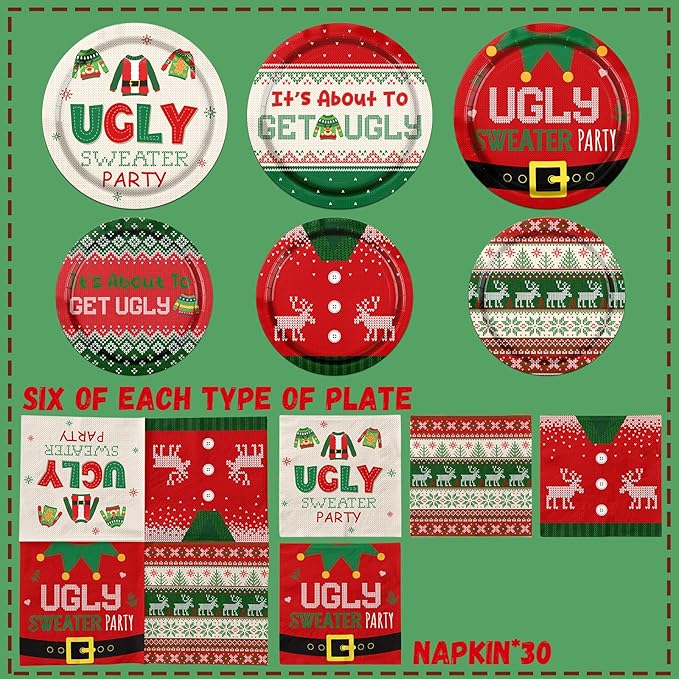 HAKOTI Christmas Party Decorations,60Pcs Ugly Sweater Party Decorations Set Christmas Plates and Napkins for New Year Ugly Sweater Dinnerware Xmas Holiday Party Disposable Supplies