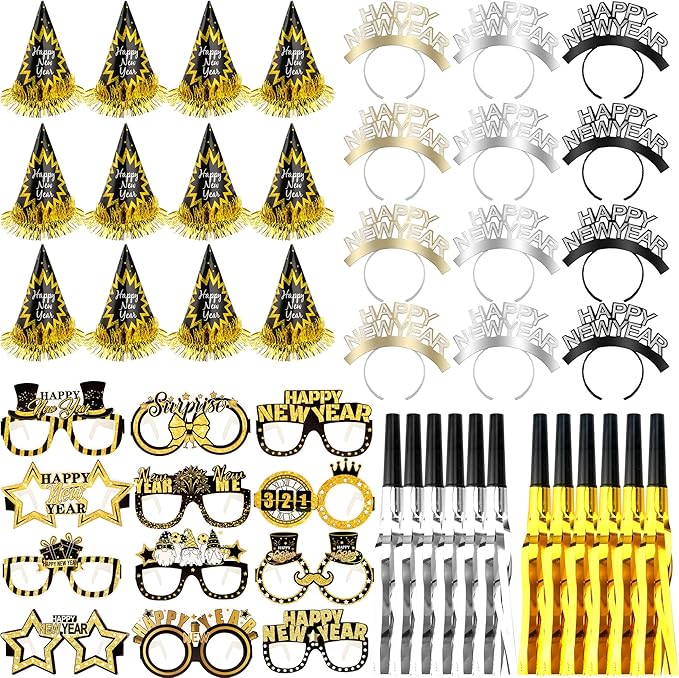48 Pack Happy New Year Party Favor Set with New Year Headband Paper Eyeglasses Cone Hats and Glitter Fringed Noisemakers for New Year Eve Party Favors