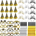 48 Pack Happy New Year Party Favor Set with New Year Headband Paper Eyeglasses Cone Hats and Glitter Fringed Noisemakers for New Year Eve Party Favors