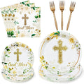God Bless Flower First Holy Communion Baptism Floral Religious Mi Bautizo Party Plates Supplies - Serves 24-96Pcs Tableware Decorations Disposable Paper Plates Napkins Forks for Birthday