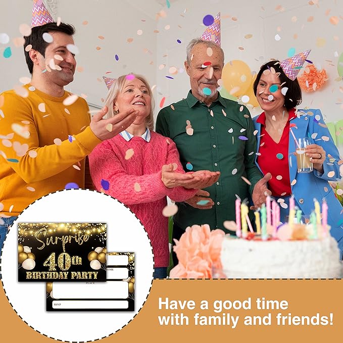 YSTEP 40th Birthday Party Invitations, 20 Black Gold Invite Cards with Envelopes, 4"x6" Foil Balloon Birthday Invites - B08