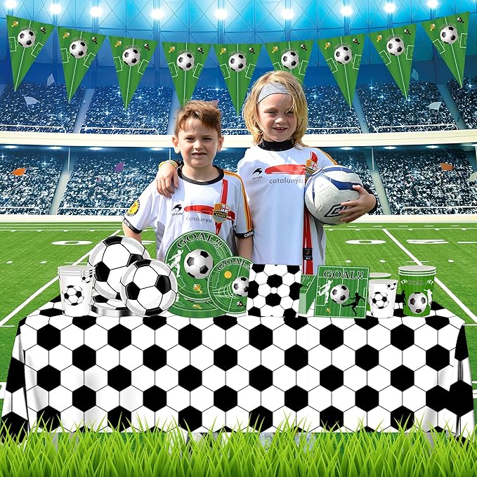 Soccer Birthday Party Decorations Tableware Set Soccer Party Supplies Soccer Theme Party Decorations Paper Plates Napkins Cup Tablecloth and Banner for Boys Girls Sports Theme, 24 Guests