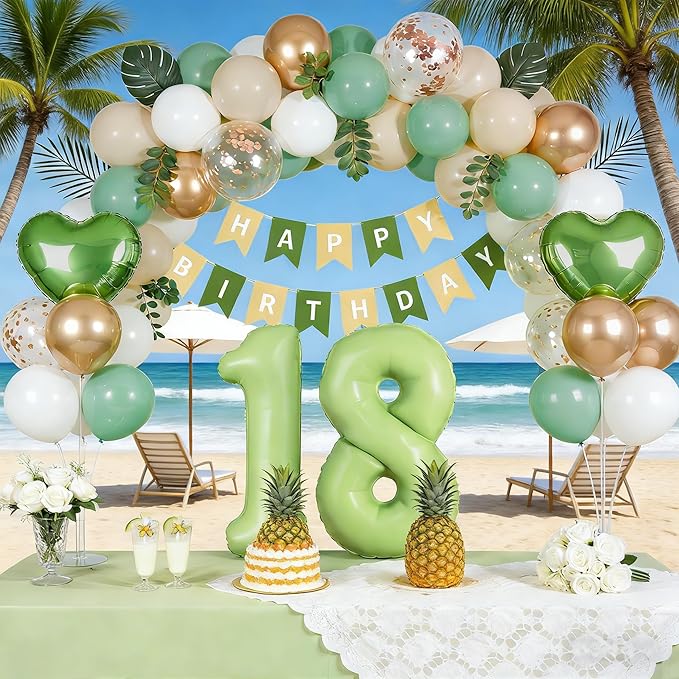 Sage Green 18th Birthday Decorations, Adulting Party Supplies for Girls, Sand White & Cream Balloon Kit with Green Number 18 Balloon and Fringe Curtains