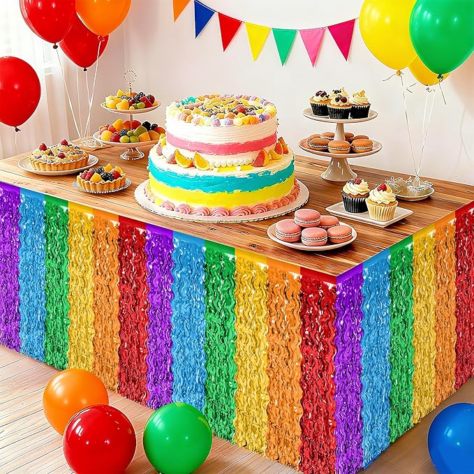 Rainbow Table Skirt, 2 Pack Desk Skirts Party Decorations, Colorful Metallic Wavy Tinsel Foil Fringe Table Skirts, Rainbow Foil Table Skirt for Birthday Classroom Teacher Pride Month Decor