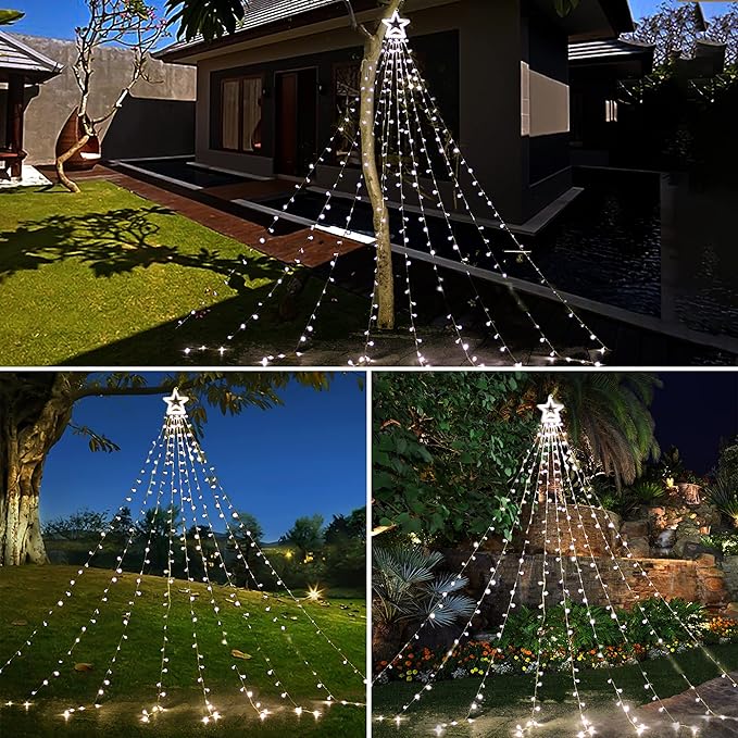 Christmas Decorations Star String Lights, 320 LEDs Outdoor Waterfall Tree Lights with 13" Topper Star, Plug in Waterproof Hanging Fairy Lights for Xmas New Year Holiday Party Yard Decor