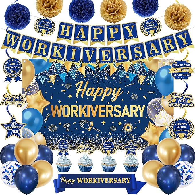 DARUNAXY Happy Workiversary Party Decorations for Men Women, Blue Gold Happy Work Anniversary Banner Cake Topper Hanging Swirl Confetti Balloons Decor Set for Employee Office Party Supplies(31PC)