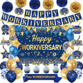 DARUNAXY Happy Workiversary Party Decorations for Men Women, Blue Gold Happy Work Anniversary Banner Cake Topper Hanging Swirl Confetti Balloons Decor Set for Employee Office Party Supplies(31PC)