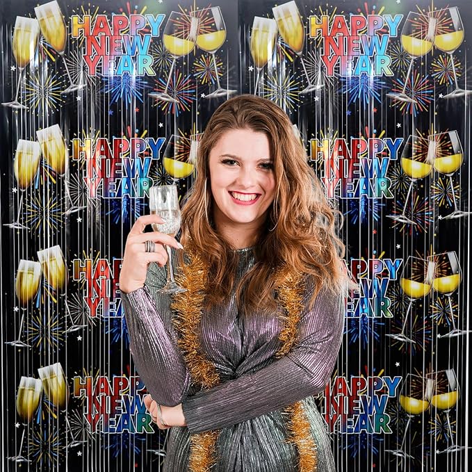 GOER Foil Curtain Backdrop for New Year Eve Party Decorations| Metallic Tinsel New Year Theme Photo Booth Props (2 Pcs)