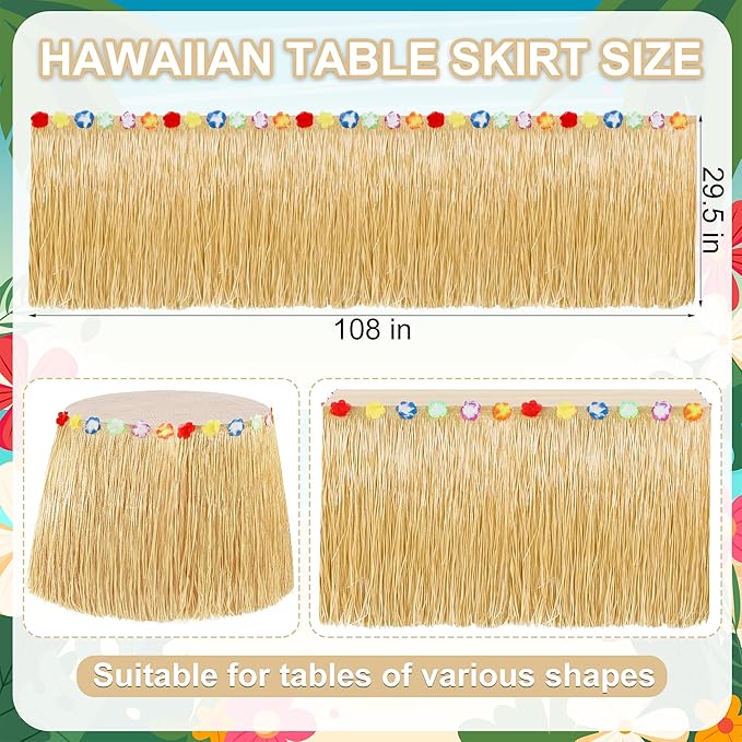 Hawaiian Table Skirt, 2PCS Gold 2PCS Green Luau Themed Grass Table Skirt Party Decorations, 108 X 29.5" Flower Tropical Hula Dance Parties Supplies, Table Skirt for Summer Beach Themed Activities