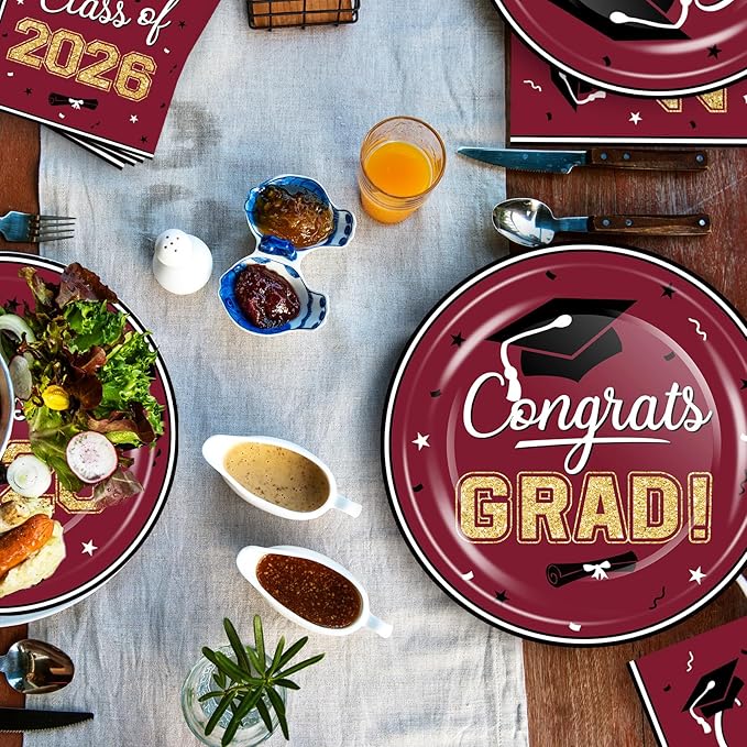 OuMuaMua Class of 2026 Graduation Party Decorations - 200 Pcs Maroon Graduation Plates and Napkins Disposable Dinnerware Set for 2026 College High School Grad Party Decorations, Serve 50