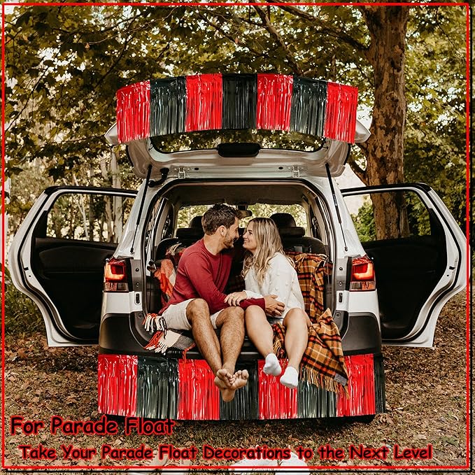 4 Packs Total 39 Feet Parade Floats for Trailer Car, Black Red Foil Fringe Garland Tinsel Streamers Banner Table Skirts for Graduation Homecoming Wedding Birthday Party Decor