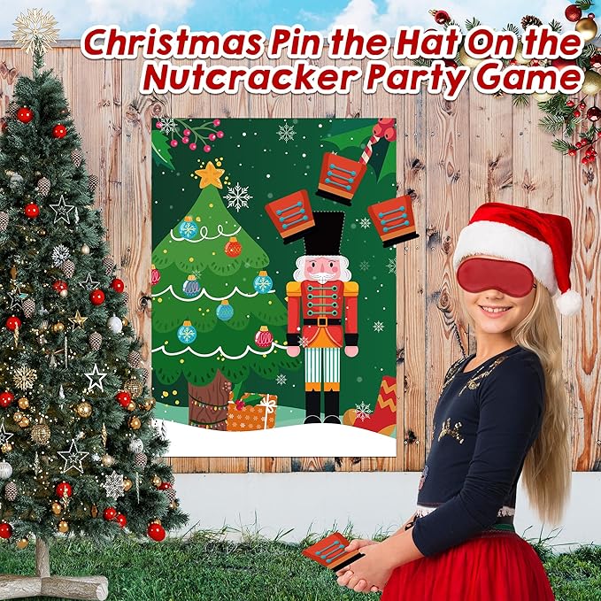Christmas Pin The Hat On The Nutcracker Game Poster with 24 Pcs Stickers Blindfolds Fun Xmas Winter Holiday New Year Birthday Activities Party Favors Decorations Supplies for Family Gathering