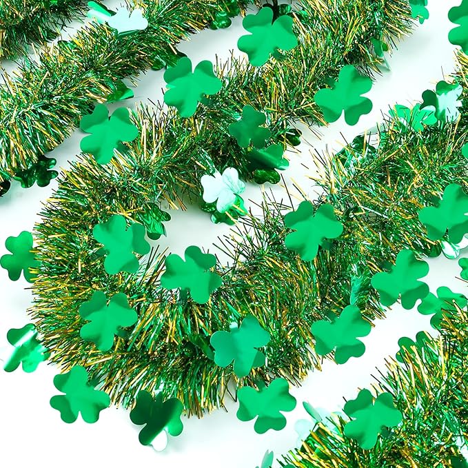 50FT St Patrick's Day Tinsel Garland, Green Gold Shamrock Clover Garland, Shiny Metallic Hanging Shamrock Streamer St Patricks Day Decorations Irish Decor