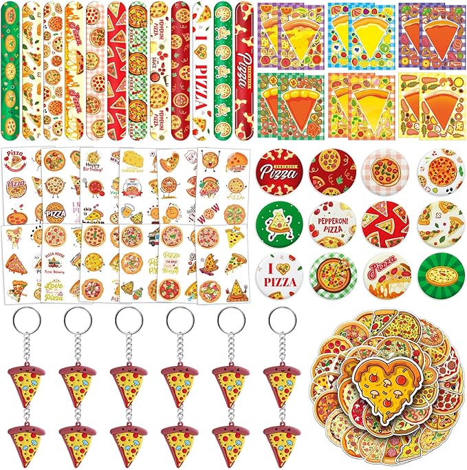110Pcs Pizza Party Favors for Kids - Pizza Birthday Party Decorations and Supplies with Pizza DIY Stickers, Slap Bracelets, Keychains, Buttons & Tattoos, Goodie Bag Fillers for Boys & Girls