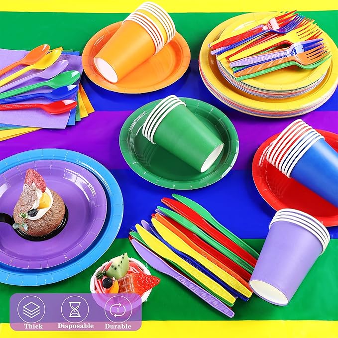 ADXCO Rainbow Party Decorations Include Rainbow Paper Plates, Cups, Napkins, Cutlery & Waterproof Tablecloth for 24 Guests