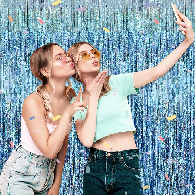 3 Pack Light Blue Foil Fringe Curtain Backdrop, 3.28Ft x 8.2Ft Metallic Tinsel Foil Fringe Streamer Curtains for Photo Booth, Mother's Day, Easter, Birthday, Wedding Party Decorations