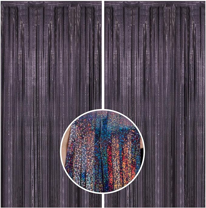 2 Pack 3.3 x 8.2 ft Tinsel Foil Fringe Curtain Backdrop, Upgraded Black Glitter Metallic Streamers Backdrop Curtains for Birthday, Graduation Prom, Halloween, Hoilday Themed Party Decorations