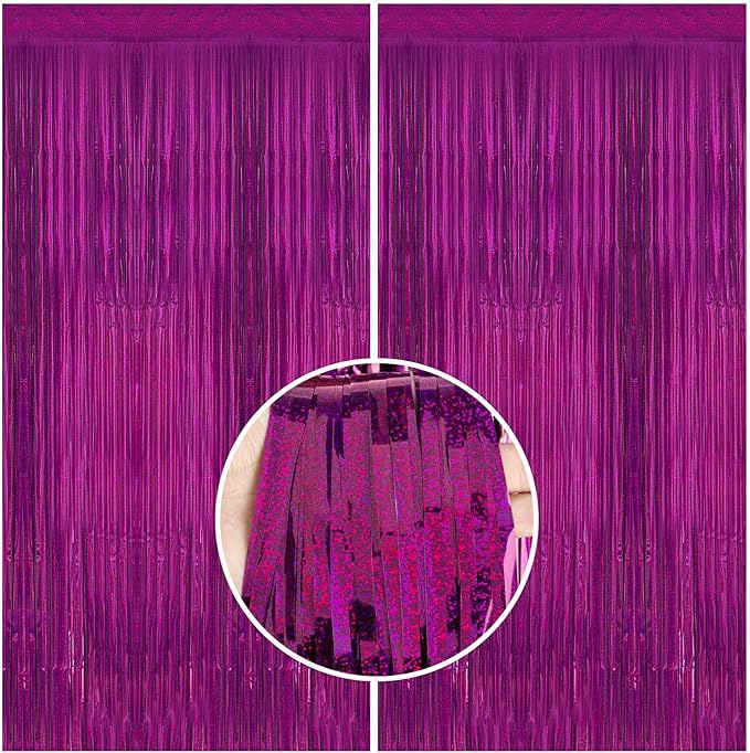 2 Pack 3.3 x 8.2 ft Tinsel Foil Fringe Curtain Backdrop, Upgraded Purple Glitter Metallic Streamers Backdrop Curtains for Birthday, Mermaid, Butterfly, Star, Space Galaxy Themed Party Decorations