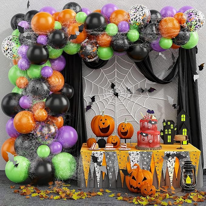 Patimate Halloween Decorations Balloons Set, 50 pcs 12 inch Purple Green Orange Black Confetti Latex Balloons Kit for Halloween Baby Shower Birthday Bachelorette Trick or Treat Party Supplies