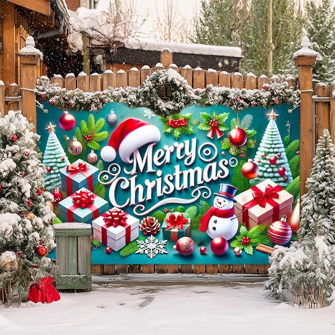 Christmas Banner Merry Christmas Snowman Gift Tree Backdrop Green Red White Holiday Wall Decoration Party Photo Prop Indoor Outdoor Scene for Home Office 71 X 43 Inches