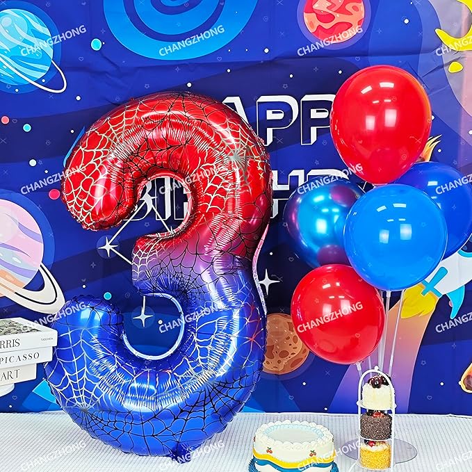 40 Inch Red and Blue Spider Theme Large Number 0 Balloon Giant Foil Birthday Balloon For Children's Birthday Spider Theme Party Decorations Baby Shower Decorations