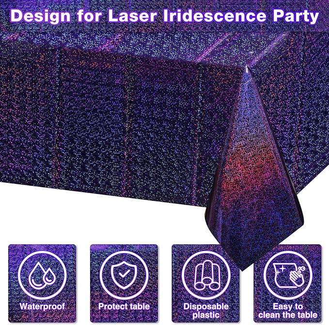 FunnyPars 4 Pack Iridescent Plastic Tablecloths Shiny Disposable Laser Rectangle Table Covers Holographic Foil Tablecloth Iridescent Kpop Birthday Bridal Wedding Party Decoration, 54"x108"(Purple)