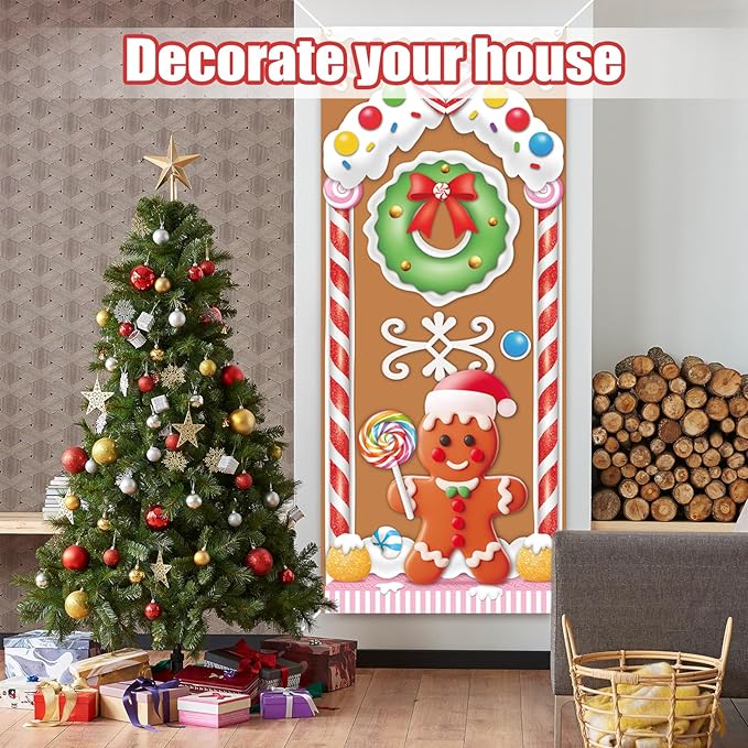 Christmas Gingerbread House Door Cover Decorations - Gingerbread Door Banner for Candyland Party Backdrop Decor Indoor Outdoor, 72×30 Inches