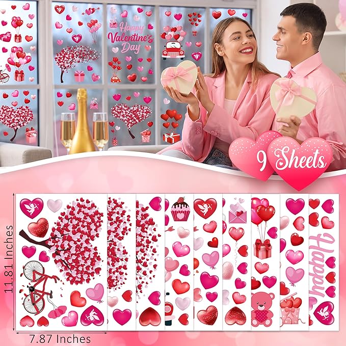 152PCS Valentine Window Clings, 11.8 × 7.8 Inches Heart-Shaped Window Decals, 9 SheetsRomantic Valentines Decorations, Double-Sided Heart Window Stickers for Anniversary, Party Holiday Decor