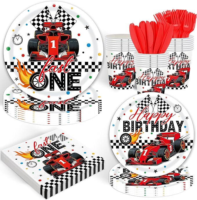 120 Pcs Fast One Birthday Decorations Race Car 1st Birthday Plates and Napkins Tableware Sets Racing Car First Party Decorations for Kids Boys 1 Years Old Party Supplies Serves 20