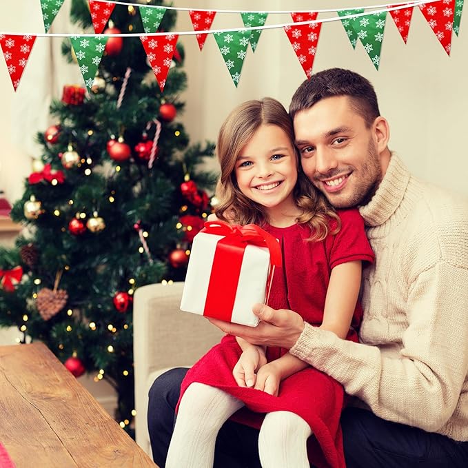 100 Feet Red Green Christmas Pennant Banner Flags String Triangle Bunting Garland with White Snowflakes for Christmas Tree Indoor Outdoor Shops Hanging Decoration,60 Pcs