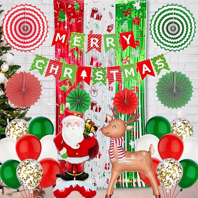 Trgowaul Merry Christmas Decorations, 30pcs Red Green Happy Christmas Party Supplies Decorations, Banner, Paper Fan Flower, Santa Claus Xmas Elk Foil Balloon, Fringe Curtain, Xmas Decoration Set