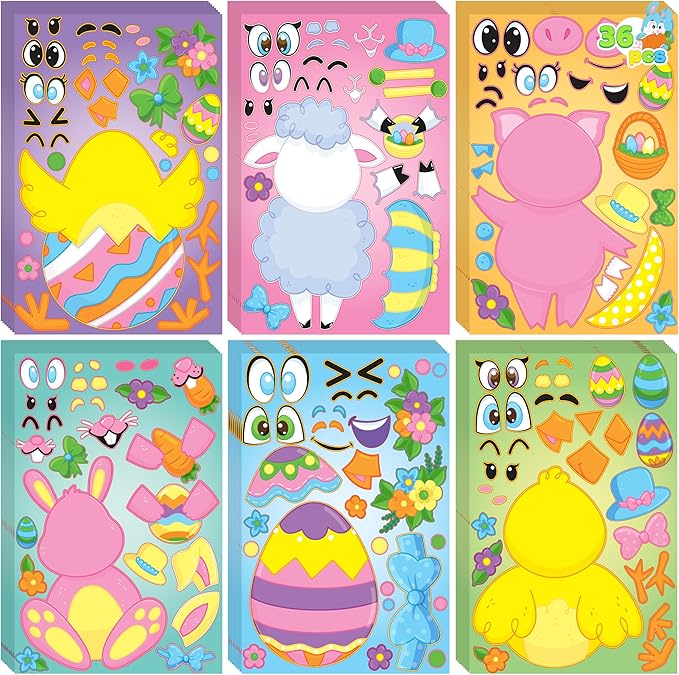JOYIN 36 Pieces Easter Make A Face Animal Stickers with Easter Egg Themed Match Make Your Own Stickers with Bunny, Egg, Chick, Shell, Sheep, Pig Kids Party Favor Supplies Crafts