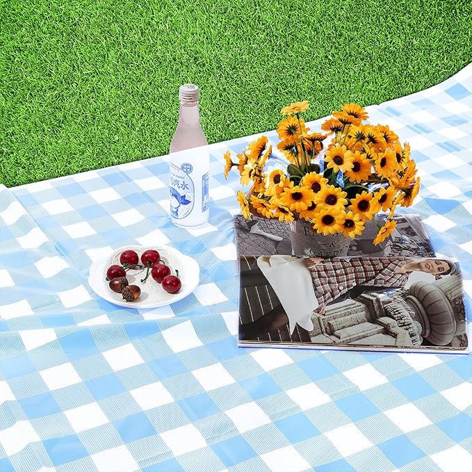 Kesfey 12 Packs Light Blue Gingham Tablecloth Pale Blue and White Checkered Tablecloths 54 x 108 Inch Disposable Plastic Gingham Tablecovers Waterproof Rectangle Picnic Table Cover for Birthday Party