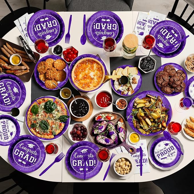 Graduation Party Supplies Congrats Grad Plates and Napkins Set Serve 50, Disposable Tableware Paper Plates Napkins Cup Knive Spoon Fork Straw for Class of 2026 Graduation Party Decorations Purple