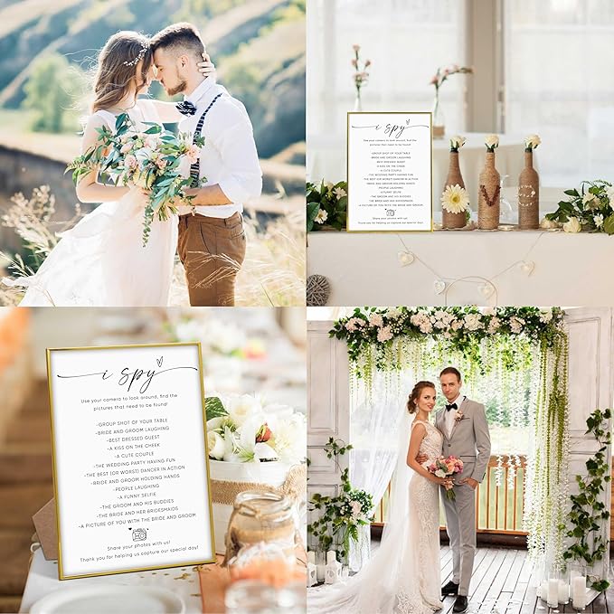 I Spy Wedding Game Sign, 8"X 11" Gold Frame Wood Wedding Sign with Stand, Bridal Shower Photo Hunt Game, Engagement Party Decorations, Bridal Shower Favors for Ceremony and Reception-6