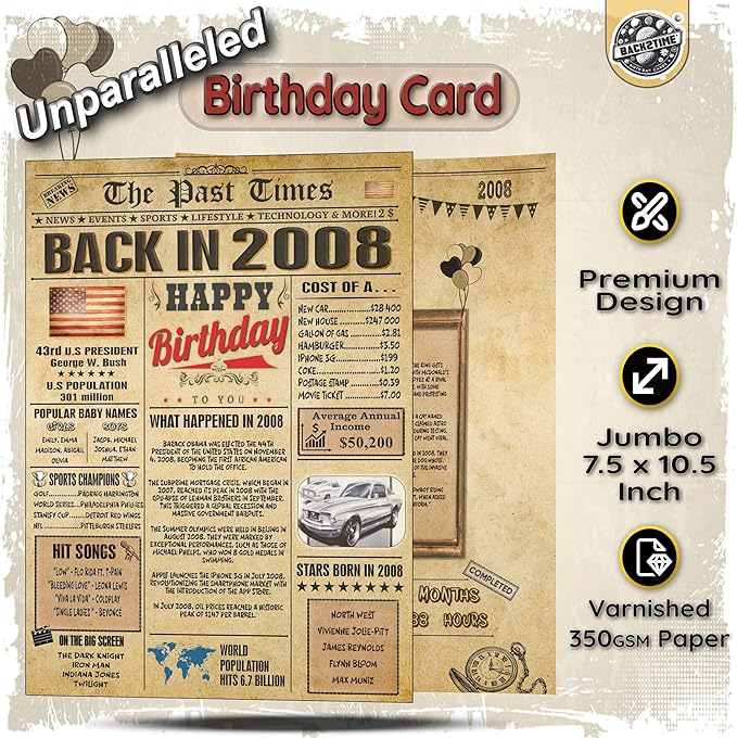 18th Birthday Card - Back In 2008 Newspaper - 18th Happy BIRTHDAY cards for Him Her - Vintage 18 th birthday gifts for women men - JUMBO size - 18 th birthday decorations - gift for 18 year old