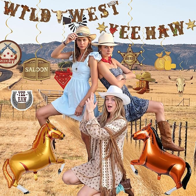 Western Party Decorations For Boys, Cowboy Rodeo Party Supplies,Wild West Banner,Photo Booth Props,Horse Foil Balloon for Men
