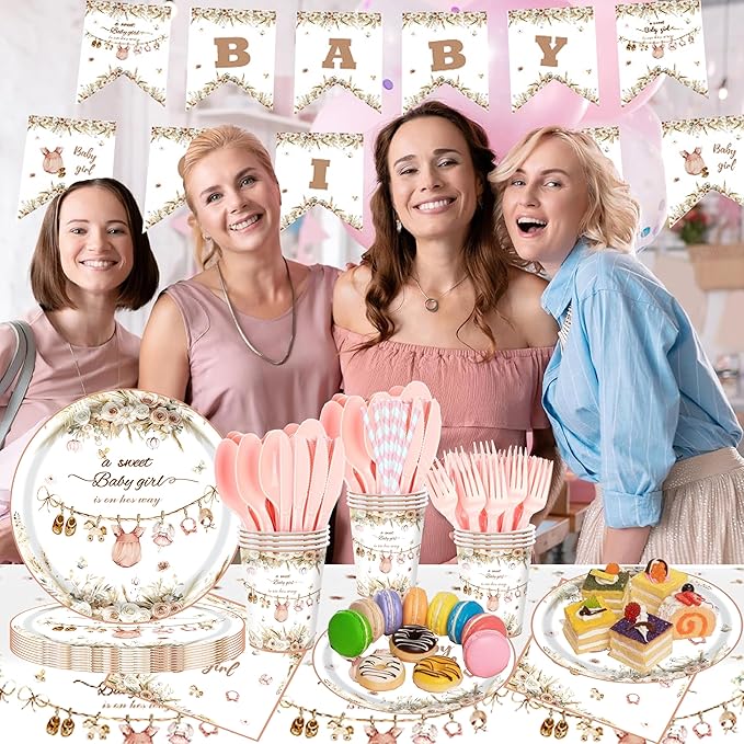 Pink Baby Girl Shower Decorations – 194 PCS A Sweet Girl Is On Her Way Party Supplies for 24 Guests, Includes Plates, Cups, Napkins, Cutlery, Banner & Tablecloth