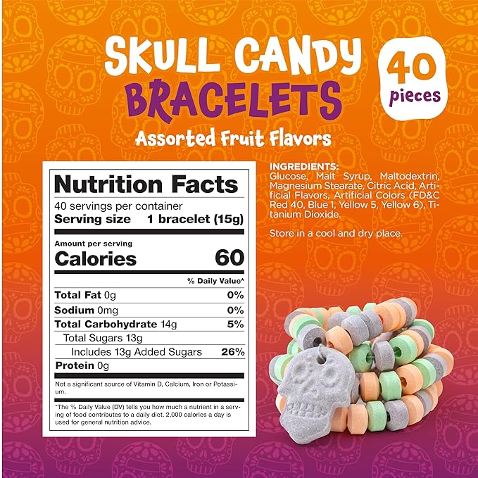 Skull Candy Bracelets - 40 Count - Candy Bracelets Individually Wrapped - Fun Candies for Goodie Bags and Classroom Rewards - Party Favors by Funtasty