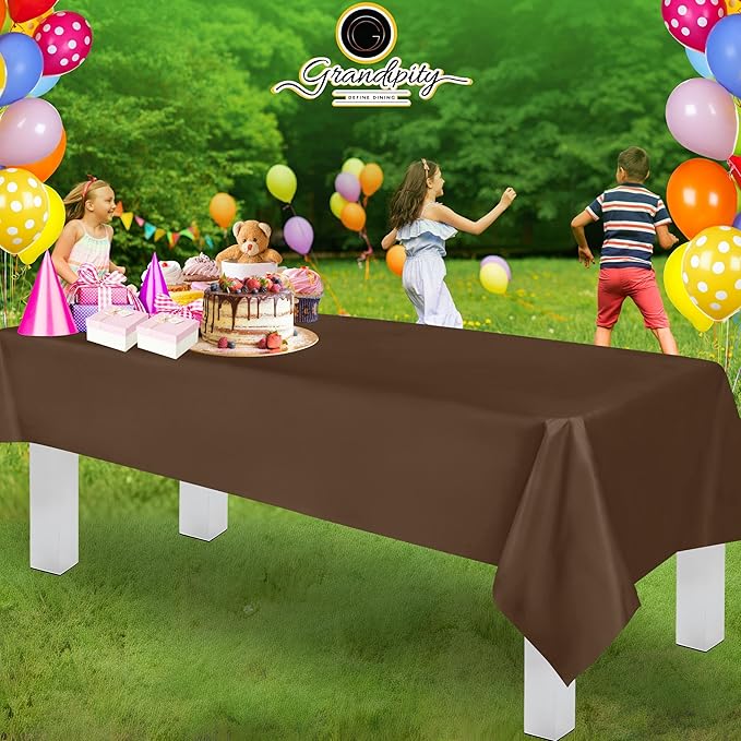 Grandipity 12 Pack Premium Disposable Plastic Tablecloth 54 Inch. x 108 Inch. Decorative Rectangle Table Cover - Brown