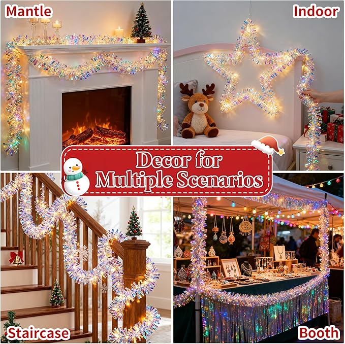 Christmas Garland with Lights, 16.4FT Iridescent Tinsel Garlands Battery Operated & USB, Shiny Foil New Year Decorations, Garland for Birthday Holiday New Years Eve Party Supplies Hanging Home Decor